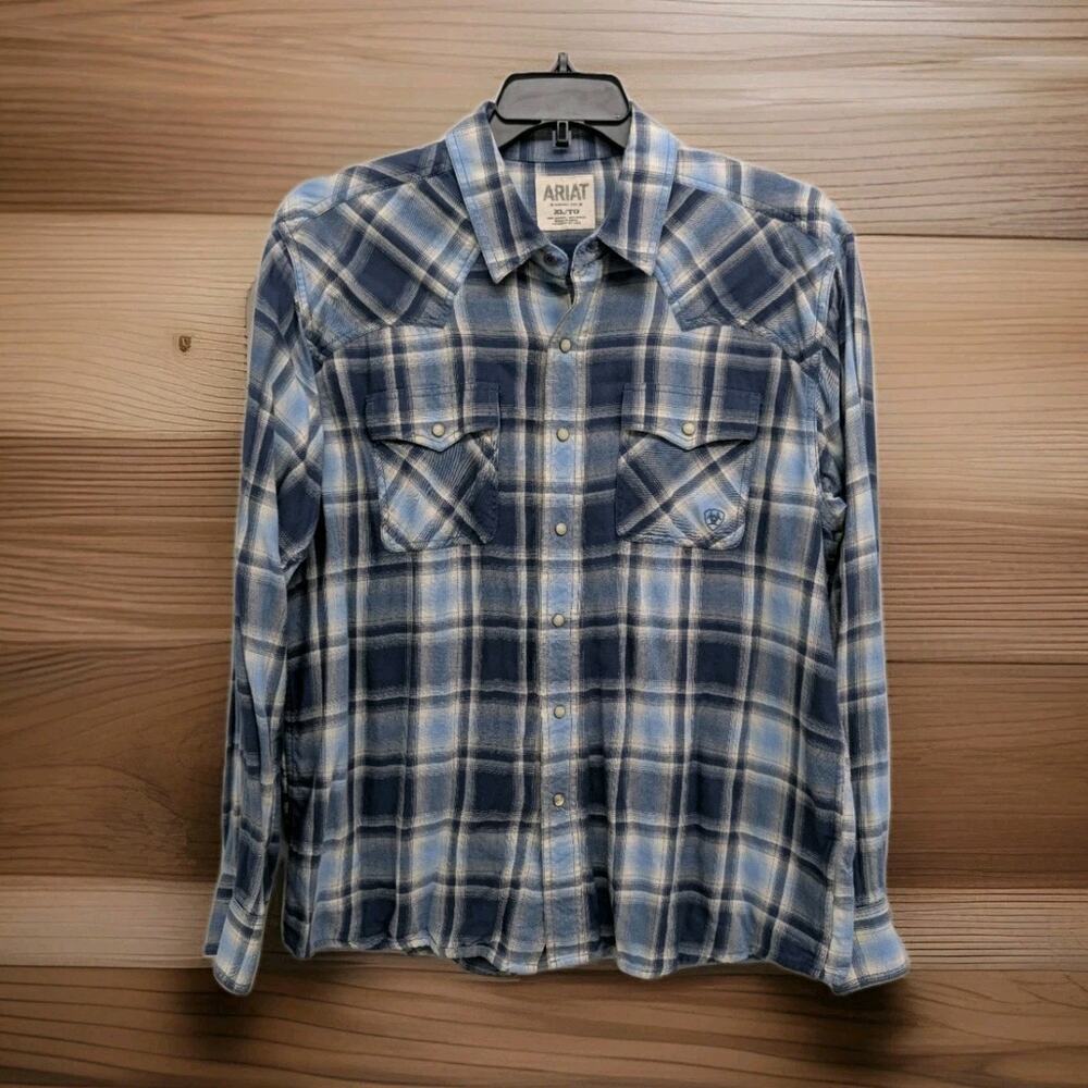 Ariat Blue Plaid Button Down Western Shirt XL Pearl Snap Retro Fit